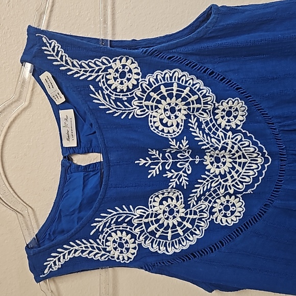 Anthropologie Meadow Rue sleeveles blue dress embroidered scallop hem women's 0 - Picture 4 of 15